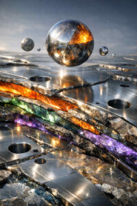 Mehrere schwebende Kugeln befinden sich über einer metallischen Oberfläche mit runden Öffnungen. Unter den glänzenden Platten sind farbige, kristallartige Schichten sichtbar, die in Orange, Grün und Violett leuchten. Die Materialien wirken zugleich industriell und mineralisch. Die Szene vermittelt den Eindruck eines aufgeschnittenen, technologischen Querschnitts der Realität.