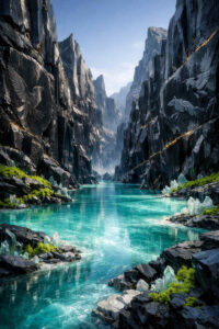 Ein schmaler, türkisfarbener Fluss fließt zwischen hohen, dunklen Felswänden. In den Stein sind Tierformen und Linien eingraviert. Kristalle wachsen entlang der Ufer. Die Szene wirkt ruhig, monumental und erzählerisch.