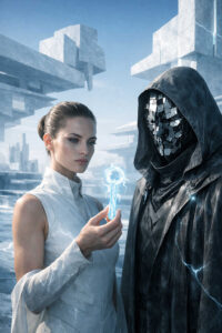 Eine Frau hält einen leuchtenden, futuristischen Schlüssel vor eine verhüllte Gestalt. Die Umgebung besteht aus schwebenden geometrischen Strukturen. Kaltes Licht und elektrische Effekte durchziehen die Szene. Die Gesichter bleiben ernst und konzentriert. Das Bild symbolisiert Macht, Übergang und Verantwortung.