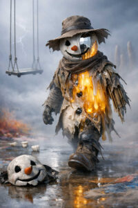 Eine unheimliche Schneemannfigur läuft durch eine neblige Landschaft. Teile ihres Körpers schmelzen und glühen von innen heraus in warmem Gelb. Eine zerbrochene Schneemannmaske liegt auf dem Boden. Im Hintergrund hängen leere Schaukeln an Ketten. Das Bild erzeugt eine beklemmende, albtraumhafte Stimmung.