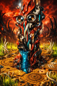 Eine säulenartige Gestalt erhebt sich aus einer von Feuer erleuchteten Landschaft. Karten, Symbole und geometrische Muster sind im Boden eingelassen. Aus dem Inneren der Struktur fließt blaues Licht wie flüssige Energie. Die Szene verbindet Spiel, Schicksal und rituelle Bedrohung.