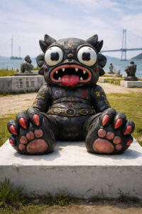 Schwarze Kreatur mit offenen Augen Alt-Text: Eine gedrungene, monsterhafte Figur sitzt frontal auf einem Sockel. Ihre Augen sind weit aufgerissen, der Mund geöffnet, Zunge und Zähne sichtbar. Bunte Symbole bedecken den dunklen Körper. Im Hintergrund erstrecken sich Wasser, Brücke und weitere Statuen.