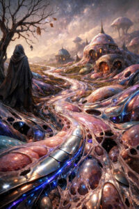 Eine fremdartige Landschaft zeigt kuppelartige Häuser, die aus einer organisch wirkenden Oberfläche herauszuwachsen scheinen. Ein einsamer, verhüllter Wanderer blickt auf einen leuchtenden Pfad, der sich durch das Gelände schlängelt. Die Farben sind weich, irisierend und traumähnlich. Die Szene vermittelt eine ruhige, zugleich unheimliche Fremdheit.