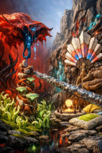 Eine rituelle Szene zeigt eine rote, organische Formation, aus der blaue Flüssigkeit fließt. Eine metallische Röhre verbindet das Gebilde mit einem steinernen Heiligtum. Mönchsähnliche Figuren stehen um eine leuchtende Kugel. Farben und Formen erzeugen eine spannungsvolle, sakrale Atmosphäre.