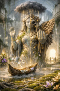 Einw große steinerne Engelsfigur steht in einer überwucherten Halle, halb Natur, halb Architektur. Eine dunkle Wolke über ihr lässt goldene Partikel herabregnen. Menschen nähern sich aus der Ferne. Spiritualität, Verfall und Hoffnung verbinden sich in einer sakralen Szenerie.