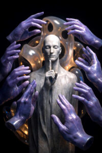 Eine steinerne menschliche Figur steht mit erhobenem Finger vor den Lippen in einer Geste des Schweigens. Mehrere violette Hände umgeben den Kopf, als würden sie Gedanken formen oder kontrollieren. Der Hintergrund besteht aus organischen, glänzenden Strukturen mit futuristischem Charakter. Licht und Schatten betonen die meditative Spannung der Szene. Das Bild vermittelt innere Sammlung und mentale Überforderung zugleich.