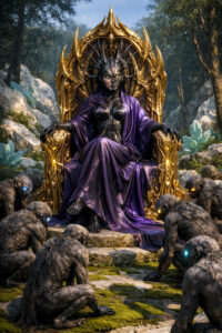 Eine dunkle, königliche Gestalt sitzt auf einem prunkvollen goldenen Thron im Wald. Um sie knien kleine, affenartige Wesen mit leuchtenden Augen in ehrfürchtiger Haltung. Rüstung, Gewand und Thron wirken organisch und fremdartig zugleich. Das Bild vermittelt Macht, Kontrolle und eine unheimliche, archaische Ordnung.