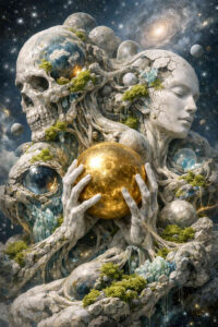 Zwei verschmolzene Figuren aus Stein und organischem Material halten eine goldene Kugel. Schädel, Gesicht und Hände gehen ineinander über. Planeten und Sterne füllen den Hintergrund. Das Bild wirkt monumental, ruhig und kosmisch aufgeladen.