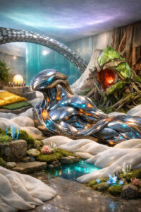 Ein glänzendes, humanoides Wesen liegt entspannt in einer weichen, landschaftsartigen Umgebung aus Stoff, Moos und Wasser. Sein Körper reflektiert blaues und goldenes Licht, das aus inneren Strukturen zu kommen scheint. Neben ihm öffnet sich eine organische Form mit glühendem Inneren. Kleine Figuren im Hintergrund versammeln sich erneut um eine leuchtende Kugel, was auf ein wiederkehrendes Ritual hindeutet.