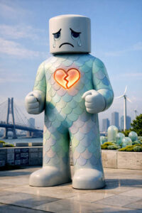 Eine große, stilisierte Figur steht in einer modernen Stadtlandschaft. Tränen laufen über ihr Gesicht, während in der Brust ein leuchtendes, gebrochenes Herz sichtbar ist. Die Oberfläche der Figur ist schuppenartig gestaltet. Im Hintergrund sind Brücke, Windräder und Hochhäuser zu sehen. Das Bild verbindet Verletzlichkeit mit monumentaler Präsenz.