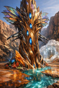Eine hohe, organisch-technische Struktur erhebt sich aus einem klaren Wasserbecken in einer Felslandschaft. Leuchtende blaue Kerne durchziehen den Turm, der an eine Mischung aus Baum und Maschine erinnert. Farben, Reflexionen und Materialien wirken edel und futuristisch. Die Szene strahlt Harmonie zwischen Technik und Natur aus.