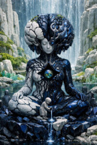 Ursprung aus Stein und Wasser Alt-Text: Eine sitzende, zweigeteilte Statue aus hellem und dunklem Gestein hält ein leuchtendes Objekt in ihrer Brust. Ein kleines Kind schöpft Wasser aus einer Quelle, die aus dem Körper der Figur fließt. Umgeben von Felsen und Wasserfällen entsteht eine ruhige, sakrale Atmosphäre. Die Szene wirkt wie eine Meditation über Schöpfung und Dualität.