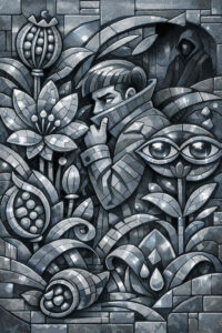 Eine mosaikartige Darstellung zeigt eine Person, die sich zwischen Pflanzenmustern versteckt. Ein großes Auge blickt wachsam aus dem Bild hervor. Der Stil ist streng geometrisch und ornamental. Alles ist in Grautönen gehalten. Das Werk thematisiert Beobachtung, Tarnung und innere Spannung.
