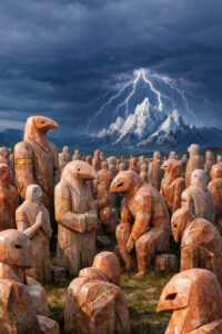 Zahlreiche steinerne Figuren mit vogelartigen Köpfen stehen dicht gedrängt in einer Landschaft. Im Hintergrund erhebt sich ein schroffer Berg, der von Blitzen getroffen wird. Die Figuren scheinen miteinander zu sprechen oder zu warten. Die Szene erzeugt eine apokalyptische, rituelle Stimmung.