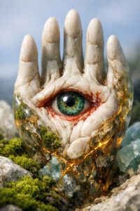Eine massive steinerne Hand ragt aus einer natürlichen Umgebung hervor und trägt ein großes, realistisches Auge in ihrer Mitte. Moose, Kristalle und Gestein verschmelzen mit der anatomischen Form. Das Auge wirkt aufmerksam und ruhig, fast meditativ. Die Szene vermittelt den Eindruck einer uralten, bewussten Natur.