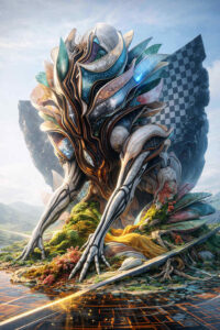 Eine monumentale, hybride Kreatur kniet am Rand einer Landschaft aus Natur und geometrischen Strukturen. Organische Formen, Pflanzen und metallische Flächen verschmelzen zu einer komplexen Gestalt. Im Hintergrund stehen abstrakte Blöcke und Muster als Zeichen einer anderen Realität. Das Bild wirkt wie eine Allegorie auf Kontrolle, Anpassung und Übergang.