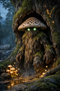 Ein wesenhaftes Geschöpf mit pilzartigem Kopf und leuchtenden grünen Augen steht in einer Baumhöhle. Sein Körper besteht aus Holz, Moos und Rinde. Kleine leuchtende Pilze wachsen am Boden. Die nächtliche Waldszene wirkt geheimnisvoll und märchenhaft.