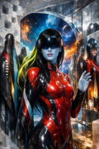 Eine futuristische Frau in glänzendem rot-schwarzem Anzug steht in einer kristallinen Architektur. Eine dunkle Visierbrille verdeckt ihre Augen. Spiegelungen vervielfachen ihre Gestalt im Raum. Kosmische Farben im Hintergrund verleihen der Szene eine außerirdische Atmosphäre.