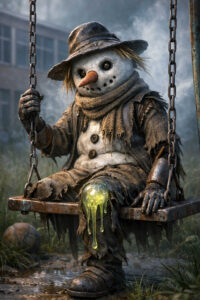 Eine verwitterte Schneemannfigur sitzt auf einer rostigen Schaukel. Aus einem Bein tropft eine grünlich leuchtende Flüssigkeit. Die Kleidung ist zerrissen, der Hut schief, die Augen dunkel und glasig. Nebel und ein verlassener Spielplatz bilden den Hintergrund. Die Szene wirkt melancholisch, still und leicht bedrohlich.