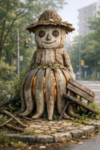 Eine aus Holzplanken gefertigte Figur mit freundlichem Gesicht sitzt neben einer Parkbank. Aus dem Inneren ihres runden Körpers dringt warmes, gelbliches Licht nach außen. Blätter, Rinde und Moos verbinden die Figur mit der umgebenden Natur. Die städtische Umgebung im Hintergrund steht im stillen Kontrast zur märchenhaften Erscheinung.