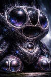 Ein fremdartiges, kugeliges Wesen besteht aus zahlreichen glatten, augenähnlichen Formen. Die Oberflächen spiegeln ein sternenreiches Universum. Feine, netzartige Strukturen verbinden die einzelnen Elemente. Das Bild erzeugt eine Mischung aus Neugier, Fremdheit und stiller Präsenz.