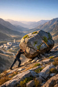 Ein Mann stemmt sich mit ganzer Kraft gegen einen gewaltigen Felsblock an einem steilen Berghang. Tief unten im Tal liegt eine moderne Industrieanlage, die einen starken Kontrast zur wilden Natur bildet. Die Szene vermittelt Anspannung, körperliche Anstrengung und existenziellen Kampf. Licht, Perspektive und Größenverhältnis verstärken das Gefühl von Gefahr und Entschlossenheit.