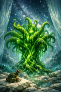 Eine gewaltige, grün leuchtende Pflanzenform erhebt sich unter einem sternklaren Himmel. Schleimige Ranken winden sich spiralförmig nach oben und tropfen vor Energie. Ein Frosch sitzt im Vordergrund und betrachtet die Erscheinung. Das Bild verbindet kosmische Weite mit archaischer Naturkraft.