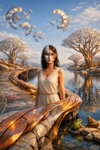 Eine Frau steht auf einer geschwungenen Brücke über ruhigem Wasser. Ihr Gesicht ist halb realistisch, halb geometrisch-maskenhaft gestaltet. Über ihr schweben zerbrochene Zifferblätter wie Fragmente der Zeit. Die Landschaft aus Bäumen, Felsen und Spiegelungen wirkt zugleich harmonisch und entrückt.