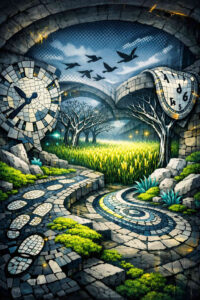 Eine mosaikartige Landschaft zeigt zwei zerbrochene Uhren, deren Ziffern verlaufen. Fußspuren führen auf verschlungenen Wegen durch Gras und Stein. Bäume stehen teils kahl, teils lebendig. Vögel fliegen durch einen steinernen Bogen in den Himmel. Das Bild symbolisiert Entscheidungen, Zeit und alternative Lebenswege.