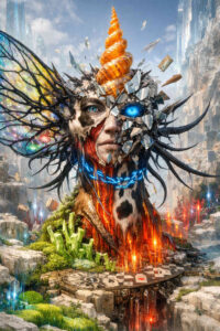 Ein menschliches Gesicht ist aus unterschiedlichen Materialien zusammengesetzt. Kristalle, Metall, Fell und organische Strukturen verschmelzen zu einer asymmetrischen Gestalt. Leuchtende Augen und energetische Linien durchziehen den Körper. Das Bild symbolisiert innere Spaltung, Transformation und archaische Kraft.