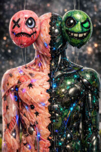Eine humanoide Figur ist mittig geteilt in eine organisch-fleischliche und eine mechanisch-metallische Hälfte. Über beiden Köpfen schweben groteske Ballonmasken mit gegensätzlichen Gesichtsausdrücken. Leuchtende Punkte und Kabel durchziehen den Körper wie ein nervöses Netzwerk. Das Bild thematisiert innere Spaltung, Identität und künstliche Emotion.