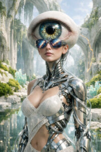 Eine futuristische Frauenfigur mit metallischem Körper steht vor überwucherten Ruinen. Ein riesiges einzelnes Auge thront über ihrem Kopf und blickt ruhig nach vorn. Verspiegelte Brillengläser reflektieren kosmische Muster. Das Bild verbindet Mode, Technologie und surreale Wahrnehmung.