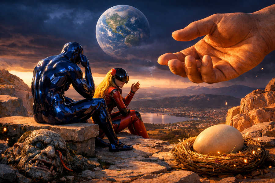 Zwei futuristisch gekleidete, humanoide Figuren sitzen bei Sonnenuntergang auf einem Felsen mit Blick über eine weite Landschaft und eine Stadt im Tal. Über ihnen schwebt die Erde am Himmel, während eine riesige, überdimensionale Hand aus den Wolken herabreicht. Rechts im Vordergrund liegt ein großes Ei in einem Nest auf dem Felsplateau. Die Szene wirkt surreal und science-fiction-artig.