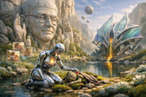 Futuristische Landschaft mit einem humanoiden Roboter, der ein schlafendes Tier am Flussufer streichelt. Im Hintergrund steht eine riesige steinerne Kopfskulptur in den Bergen, daneben eine organisch wirkende futuristische Struktur mit leuchtender Öffnung, während schwebende Kugeln über der Szene schweben.