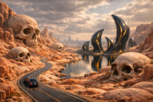 Eine surreal wirkende Wüstenlandschaft mit riesigen, in die Felsen eingelassenen Totenschädeln. Eine Straße führt durch das Tal, auf der ein Auto fährt. Neben einem ruhigen Wasserbecken stehen mehrere große, schwarze, futuristische Gebäude mit geschwungenen Formen. In der Ferne ist eine moderne Stadt am Horizont zu sehen.