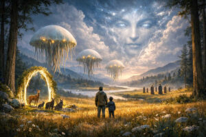 Vater und Kind stehen auf einer goldenen Wiese vor einem leuchtenden Portal, durch das Rehe treten. Am Himmel erscheint ein riesiges kosmisches Gesicht zwischen Sternen und Wolken, während mehrere schwebende, quallenartige Raumschiffe über einer Flusslandschaft gleiten und Menschen in der Ferne beobachten.