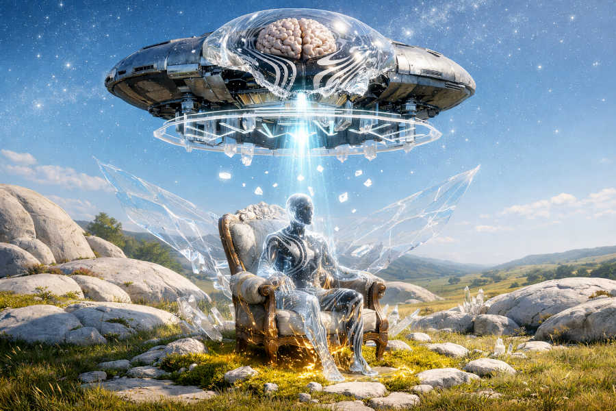 Eine in seltsamem Licht gehüllte Gestalt sitzt in einem Sessel auf einer Wiese. Eine Art UFO mit einem Gehirn schwebt über seinem Kopf und bestrahlt ihn mit einem seltsamen Licht.