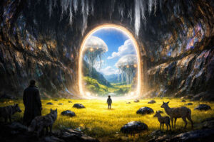 In einer dunklen Höhle öffnet sich ein strahlendes Portal zu einer hellen grünen Landschaft unter blauem Himmel. Durch die Öffnung schweben riesige transparente Quallenwesen mit langen leuchtenden Tentakeln. Ein Kind steht im Zentrum der Wiese, während Tiere und eine dunkle Gestalt die Erscheinung beobachten. Die Felsen der Höhle glitzern in schillernden Farben wie Kristalloberflächen.