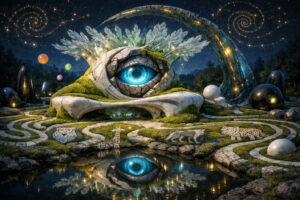 Ein gigantisches blaues Auge ruht in einer surrealen Gartenlandschaft mit verschlungenen Wegen, Moosflächen und spiegelndem Wasser. Über der Szene ziehen goldene Spiralformen durch den Nachthimmel. Tiermosaike und schwarze Kugeln verleihen dem Ort eine rätselhafte Symbolik. Das Bild wirkt wie ein Traum aus Bewusstsein, Natur und kosmischer Ordnung.