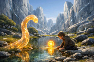 Kleiner Junge sitzt an einem klaren Gebirgsbach und betrachtet eine schwebende goldene Lichtkugel im Wasser. Neben ihm erhebt sich ein halbtransparentes leuchtendes Wesen aus Energie und Licht. Steile helle Felswände umrahmen die friedliche Landschaft. Die Szene vermittelt Staunen, Ruhe und geheimnisvolle Verbundenheit.