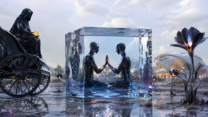 Zwei dunkle humanoide Figuren sitzen sich in einem transparenten Würfel gegenüber und berühren einander mit den Handflächen. Das Glas reflektiert den hellen Himmel und die glänzende Wasserlandschaft um sie herum. Links wartet eine verhüllte Gestalt auf einem Wagen und hält ein kleines goldenes Lichtobjekt in den Händen. Futuristische Blumen und ferne organische Gebäude rahmen die stille Begegnung ein. Das Bild wirkt wie ein Symbol für Nähe, Isolation und geistige Verbindung zugleich.