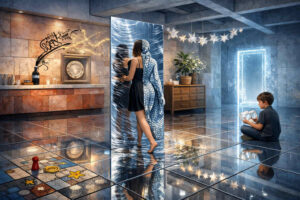 Modernes Interieur mit glänzendem Boden und einem schimmernden Portal aus flüssig wirkendem Glas. Eine Frau verschmilzt teilweise mit einer mosaikartigen Spiegelgestalt beim Durchschreiten der Fläche. Im Hintergrund sitzt ein Junge auf dem Boden und betrachtet ein leuchtendes Objekt. Sterne, Reflexionen und geometrische Muster erzeugen eine futuristische Traumstimmung.