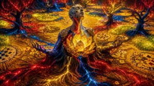 Zerbrechlich wirkende menschliche Figur erhebt sich aus einem Boden aus leuchtenden roten, blauen und goldenen Energieadern. Im Brustbereich öffnet sich eine strahlende lotusartige Struktur aus goldenem Licht und geometrischen Formen. Rundherum wachsen kleine farbige Bäume aus einem ornamentalen Musterfeld voller Kreise und Symbole. Die Haut der Figur wirkt wie aufgebrochener Stein mit leuchtenden Energien unter der Oberfläche. Intensive Kontraste aus Gelb, Rot und Blau verleihen dem Bild eine mystische spirituelle Wirkung.