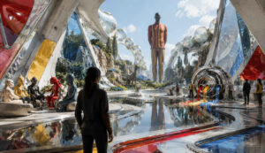 Eine futuristische Halle mit riesigen organischen Bögen aus weißem Material öffnet sich zu einer hellen Landschaft voller künstlicher Formen und spiegelnder Wasserflächen. Im Zentrum erhebt sich eine gigantische menschenähnliche Figur mit rot-gelb gestreiftem Anzug wie ein stiller Wächter über der Szenerie. Links sitzen seltsame humanoide Wesen in glänzenden Farben auf niedrigen Sitzen und wirken wie Teilnehmer eines geheimnisvollen Rituals. Transparente Kugelstrukturen schweben bogenförmig durch die Landschaft und reflektieren das Sonnenlicht. Auf dem spiegelnden Boden verlaufen rote, gelbe und blaue Linien wie flüssige Energieadern durch den Raum. Die gesamte Szene verbindet Science-Fiction, Architektur und traumartige Monumentalität zu einer surrealen Vision einer zukünftigen Zivilisation.