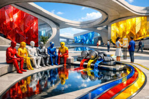 Futuristische Architektur mit riesigen roten, blauen und gelben Glasflächen unter geschwungenen Betonbögen. Mehrere humanoide Figuren in glänzenden Farbkörpern sitzen am Rand eines Wasserbeckens. Aus metallischen Röhren fließen leuchtende Farbströme ins Wasser. Die Szene erinnert an eine utopische Ausstellung oder ein futuristisches Ritual.