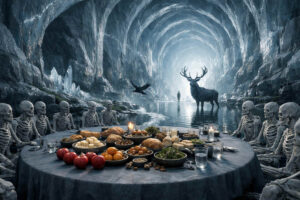 Skelettgestalten sitzen an einer reich gedeckten Tafel in einer riesigen eisartigen Höhle mit spiegelndem Wasser. In der Ferne stehen ein Hirsch und eine einzelne menschliche Figur im kalten Licht des Höhlenausgangs. Ein schwarzer Vogel fliegt zwischen den Szenenelementen hindurch. Die Atmosphäre verbindet Vergänglichkeit, Ritual und surreale Traumlogik.