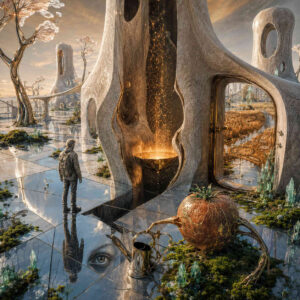 Ein einzelner Mensch steht in einer hellen futuristischen Landschaft aus weißen organischen Gebäuden und spiegelnden Flächen. Im Zentrum eines turmartigen Bauwerks fällt goldenes Licht wie glühender Staub in ein dunkles Becken. Kristalle, moosige Inseln und fein ornamentierte Oberflächen erzeugen den Eindruck einer friedlichen posthumanen Welt. Im Vordergrund liegt eine seltsame kugelförmige Frucht mit wurzelartigen Ausläufern neben einer spiegelnden Bodenfläche mit verborgenem Auge.