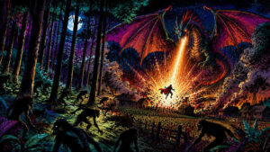 Gewaltiger roter Drache schwebt über einem nächtlichen Dorf und speit eine grelle Feuersäule in die Landschaft. Im Vordergrund bewegen sich dunkle wolfartige Kreaturen zwischen hohen Bäumen durch einen geheimnisvollen Wald. Eine menschliche Figur wird von der Explosion des Drachenfeuers in die Luft geschleudert. Rauch, Funken und grelle Lichtblitze tauchen die Szene in intensive Orange-, Rot- und Violetttöne. Das Bild erinnert an eine düstere Fantasy-Comicwelt voller Chaos und Bedrohung.