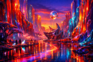Eine surreal leuchtende Schlucht aus roten, blauen und violetten Kristallwänden erstreckt sich bis zum Horizont. Ein spiegelnder Wasserlauf reflektiert neonartige Lichtspuren und fantastische Architektur. Kleine menschliche Figuren und helle Tiergestalten bewegen sich durch die glühende Landschaft. Die Szene wirkt wie ein Traum zwischen Science-Fiction und märchenhafter Vision.