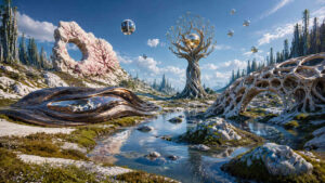 Eine helle futuristische Landschaft mit weißen organischen Brücken, ruhigen Wasserläufen und abstrakten Naturformen erstreckt sich unter blauem Himmel. In der Mitte wächst ein baumähnliches Gebilde mit einer goldenen Kugel in seiner Krone. Mehrere spiegelnde Kugeln schweben über der Landschaft und reflektieren Himmel und Umgebung. Links erhebt sich ein großer weißer Steinbogen mit roten Adermustern. Die Szene verbindet Natur, Architektur und surreale Eleganz zu einer friedlichen Traumwelt.